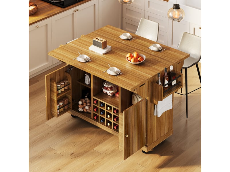  Desserte de cuisine sur roulettes marron foncé en mdf, îlot extensible avec plateau rabattable, hauteur 95cm  - Conforama R