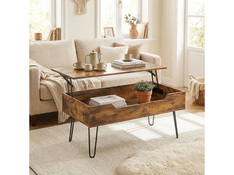  Table basse relevable en bois avec grand rangement caché, hauteur réglable, marron rustique, 95 x 50 x 40 cm  - Conforama A