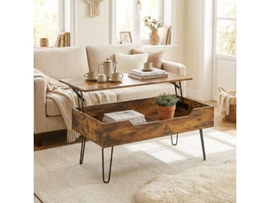 Table basse relevable en bois avec grand rangement caché, hauteur réglable, marron rustique, 95 x 50 x 40 cm