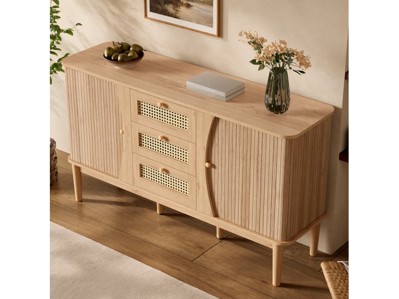 Buffet et enfilade avec 2 portes coulissantes, 3 tiroirs et étagères réglables pour salon en mdf, coloris naturel - Conforama D