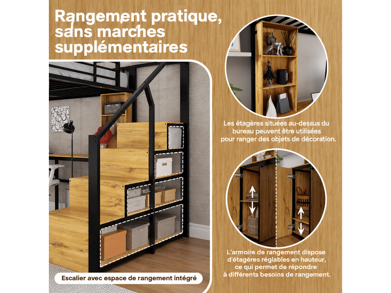  Lit mezzanine métal noir 140x200 - bureau intégré, rangements, placard, escalier de rangement, usb - sans matelas  - Conforama E
