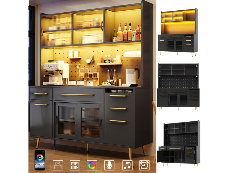  Buffet haut de cuisine 145x39x171 cm – noir – led, rangements modulables, porte vitrée et panneau perforé  - Conforama D