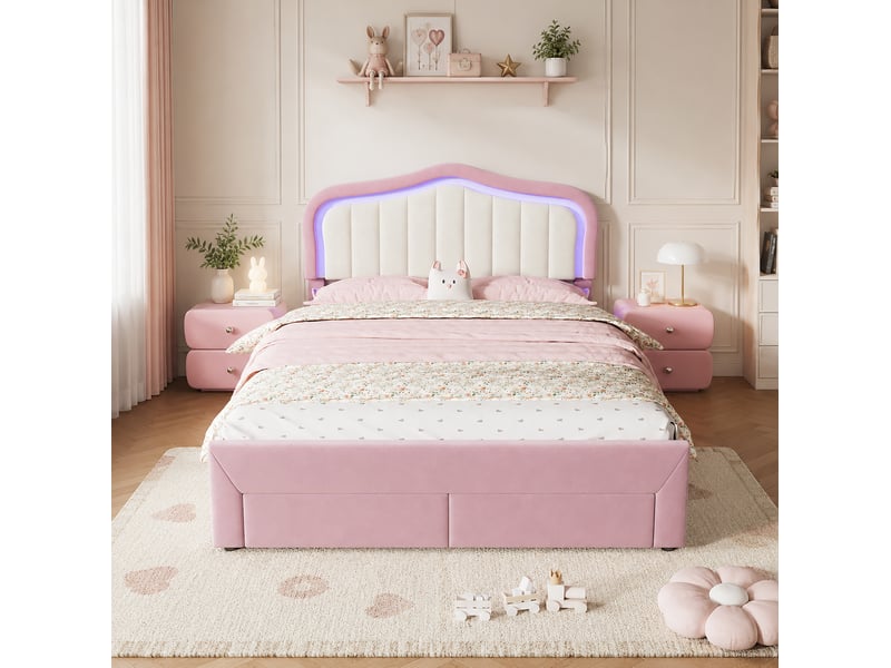  Lit enfant capitonné 140x200 cm, 2 tiroirs, led pilotées par application, velours, rose et blanc, sans matelas  - Conforama D