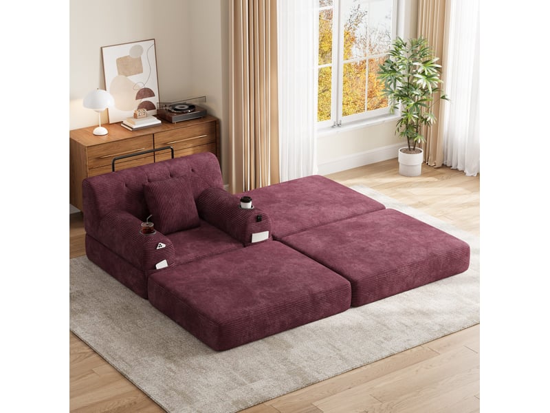  Fauteuil convertible compressé 1 place avec pouf, en velours côtelé rouge bordeaux  - Conforama B
