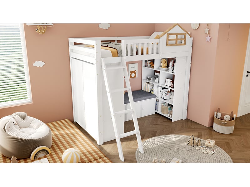  Lit mezzanine enfant 90x200 avec rangement et armoire homvra  - Conforama C
