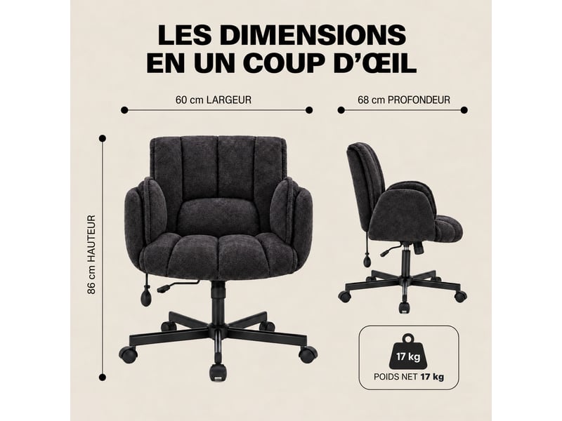  Fauteuil ergonomique tissu accoudoirs rabattables, coussin lombaire gonflable, assise large, pivot 360° 150kg-noir  - Conforama B