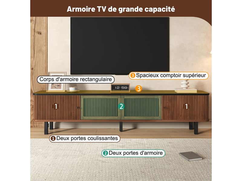  Meuble tv 190 x 35 x 45 cm meuble bas deux portes coulissantes deux portes grillagées panneau tv design moderne  - Conforama E