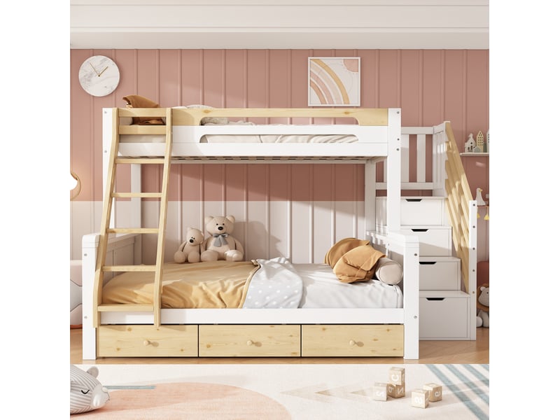  Lit superposé familial 90x200140x200 cm blanc et naturel avec rangements  - Conforama E