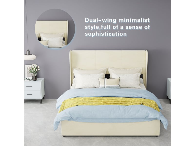  Lit rangement 140 x 200 cm lit double tête de lit rembourrée coloris beige base de rangement haute mécanisme à vérins à gaz lit multifonction  - Conforama D
