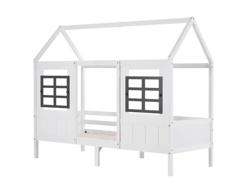  Lit cabane enfant 90x200 cm – bois blanc, fenêtres et rangements intégrés  - Conforama D