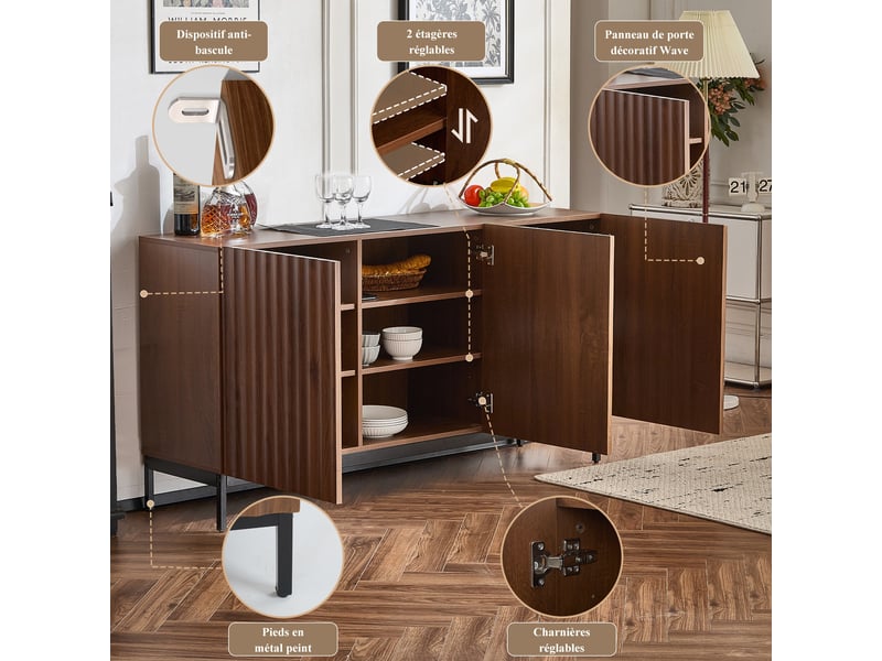  Buffet en chêne foncé veiné, buffet salle a manger avec 3 portes, meubles de rangement pour cuisine, salon, l'entrée ou couloir  - Conforama B