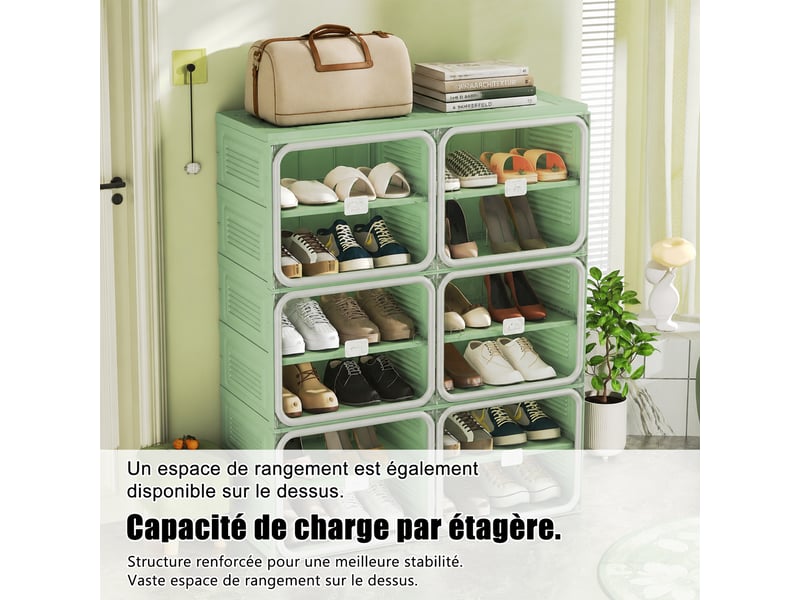  Meuble à chaussures pliable,85×34×104 cm,6 niveaux, 24 paires,porte transparente en pet,matériau pp,style moderne,vert  - Conforama E