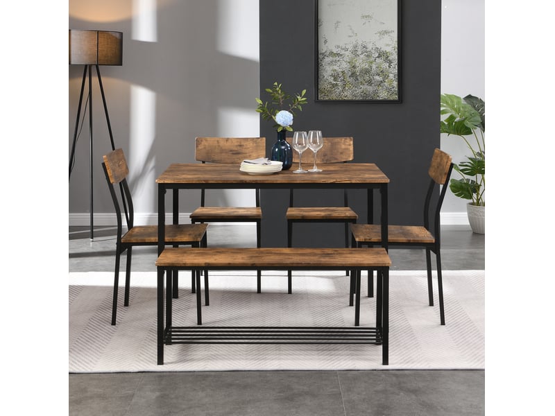  Ensemble table et chaises industriel 6 places marron avec banc et structure en métal pour repas conviviaux  - Conforama E