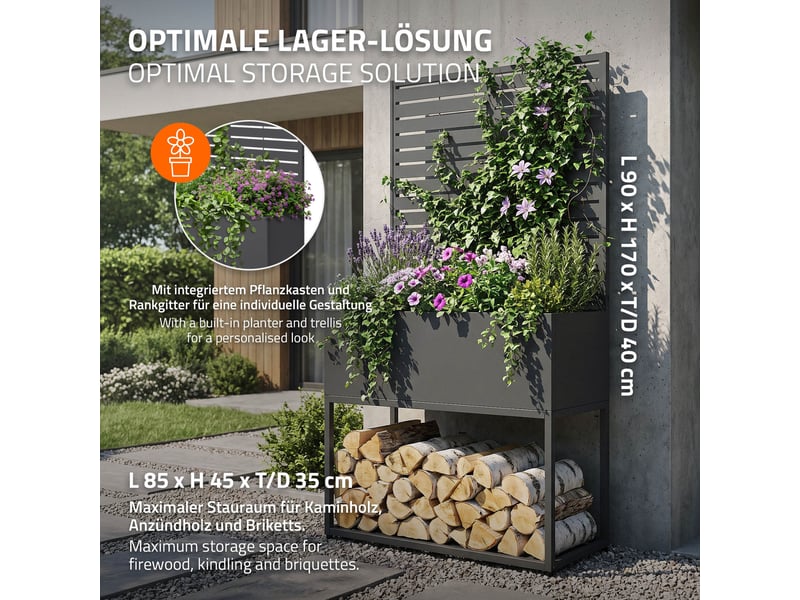  Ml-design range-bûches avec jardinière haute et treillis, acier galvanisé résistant aux intempéries, support de stockage bois de chauffage cheminée, bac avec drainage, anthracite, 90 x 40 x 170 cm ECD Germany GmbH - Conforama E