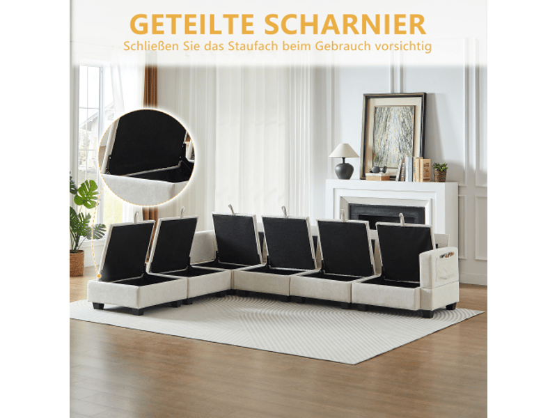  Canapé modulaire 6 places avec fonction couchage et rangement, configuration en l ou en u, en chenille beige  - Conforama D