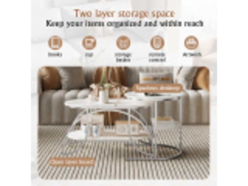  Lot de 2 tables basses 80x46x45 cm, table gigogne design marbre, avec espace de rangement, cadre en métal, pour canapé, salon, chambre (argent + blanc)  - Conforama D