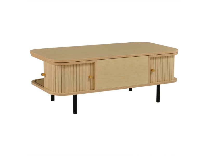 Table basse mdf effet bois naturel 101x51x52,5 cm, relevable, 2 portes à rideau et 4 pieds, charge 75 kg, fonction bureau - Conforama A