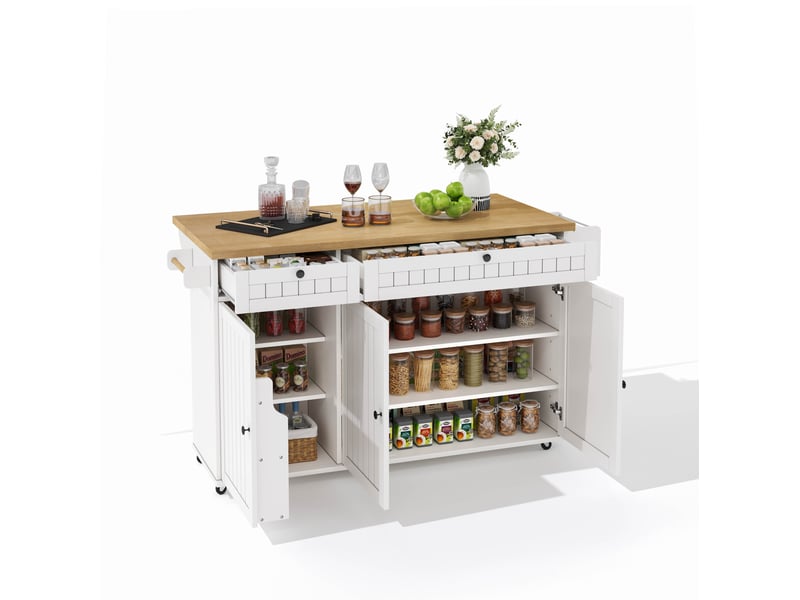  Îlot de cuisine 137 x 70 cm avec plateau rabattable, 6 roulettes verrouillables, blanc  - Conforama A