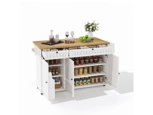 Îlot de cuisine 137 x 70 cm avec plateau rabattable, 6 roulettes verrouillables, blanc