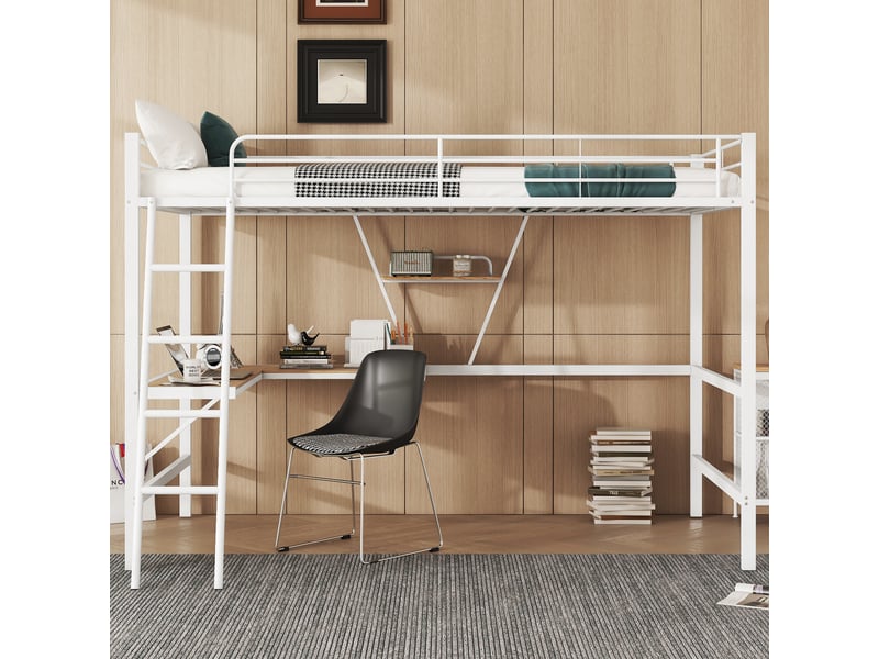  Lit mezzanine avec bureau en l et étagère, lit en métal 90x200 cm pour enfants et adultes, cadre robuste, sans matelas, blanc  - Conforama D