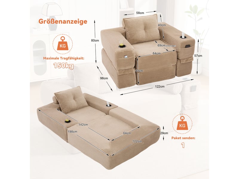  Canapé convertible 2 places en velours côtelé kaki avec tiroir de rangement et porte-gobelet  - Conforama C
