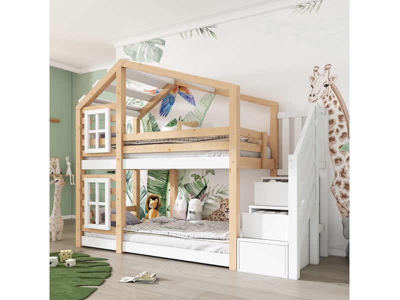 Lit superposé enfant cabane 90 x 200 cm avec rangements et 2 sommiers à lattes - Conforama B