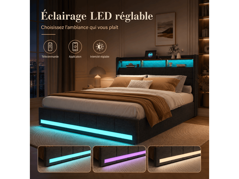  Lit 2 personnes 160 x 200 cm avec sommier - 4 tiroirs - cadre de lit rembourré avec led intégrée et usb type‑c - lit coffre double avec rangement et tete de lit capitonné - 2 places- lin gris - chambre adulteado - sans matelas -…  - Conforama C