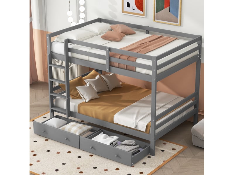  Lit superposé gris 140 x 200 cm avec tiroirs, rangements et barrières hautes  - Conforama E