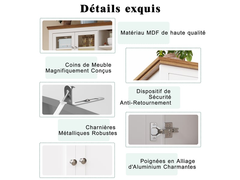  Buffet de cuisine haut 104x40x180 cm, meuble vaisselier blanc avec portes coulissantes et étagères réglables  - Conforama E