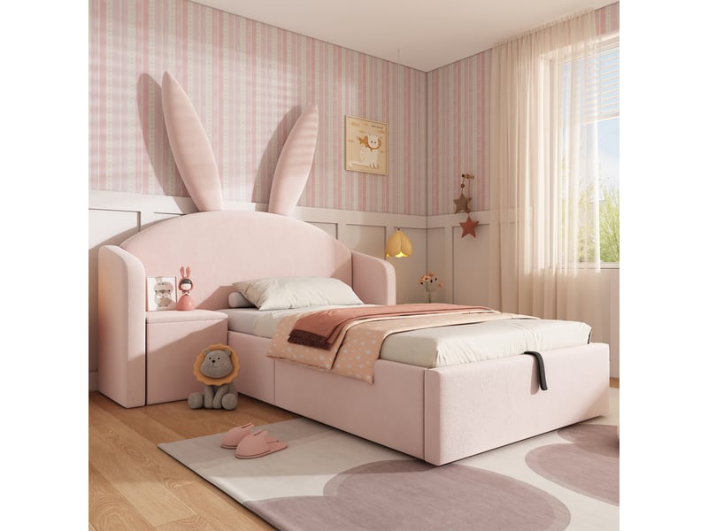  Lit coffre enfant 90x200 cm avec tête oreilles de lapin, rangement hydraulique et table de chevet réversible, velours rose  - Conforama D