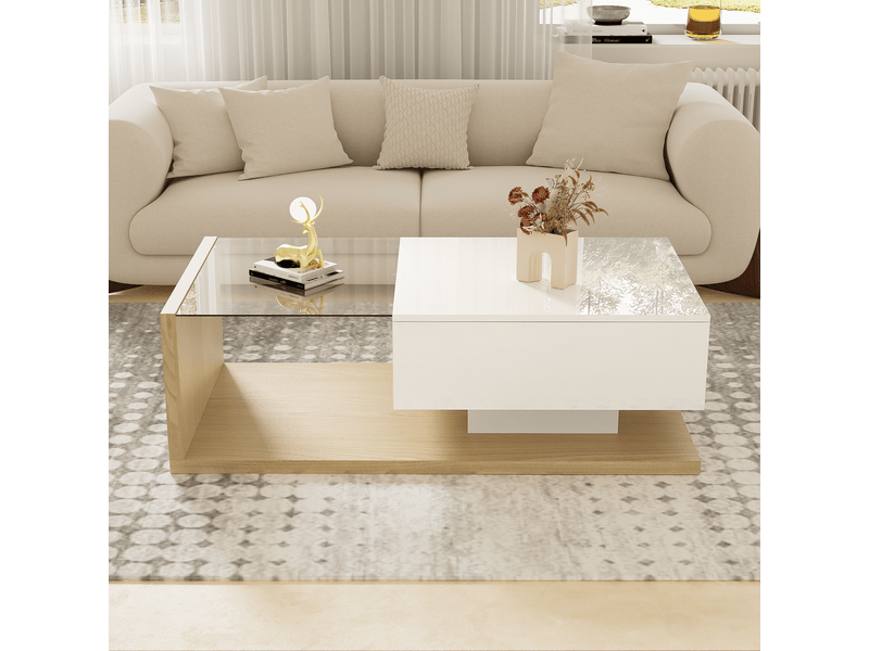  Table basse avec led et plateau en verre, table basse bois et blanc brillant avec rangement 105x55cm  - Conforama D