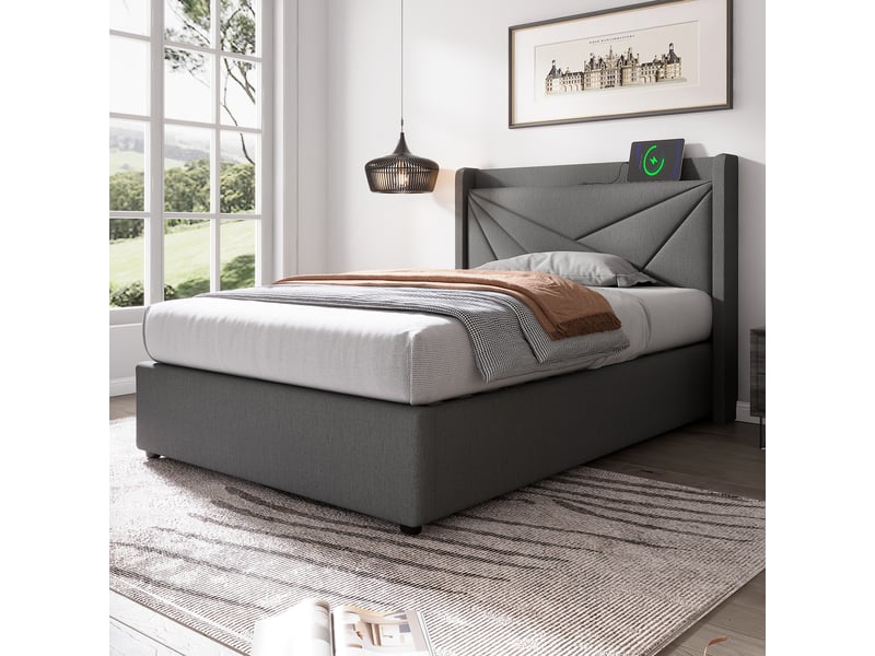  Lit coffre enfant 90x200 cm, espace de rangement, usb type-c et sommier, coton lin gris, sans matelas  - Conforama W