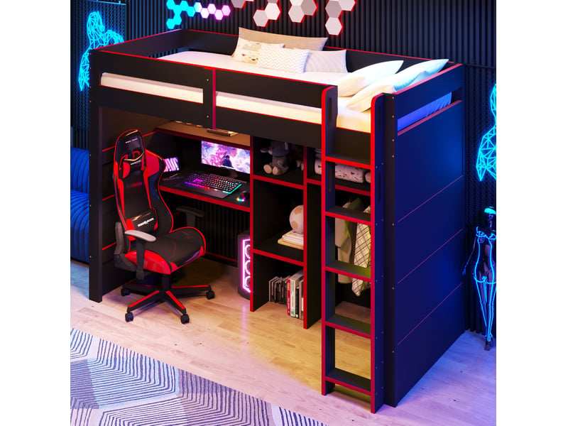  Lit mezzanine 90x200 cm noir et rouge avec bureau, rangement, led et usb  - Conforama B