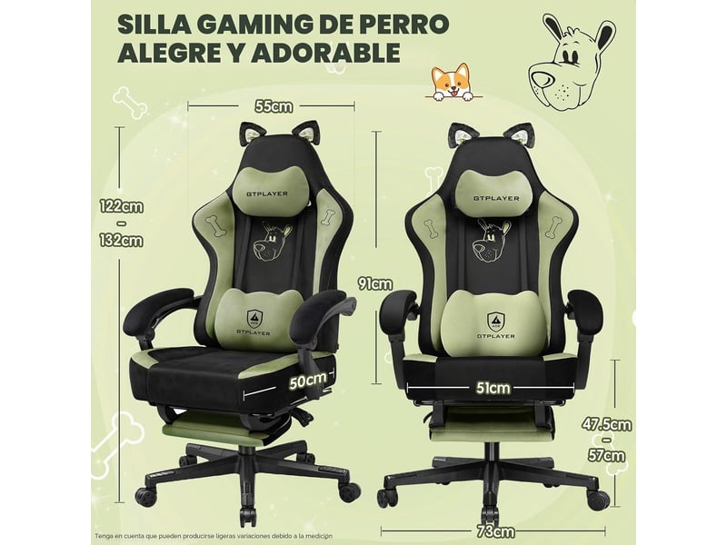  Gtplayer chaise de jeu avec oreilles de chat, mousse à mémoire de forme, repose-pieds, 150kg, velours - vert GTP610-GE - Conforama C