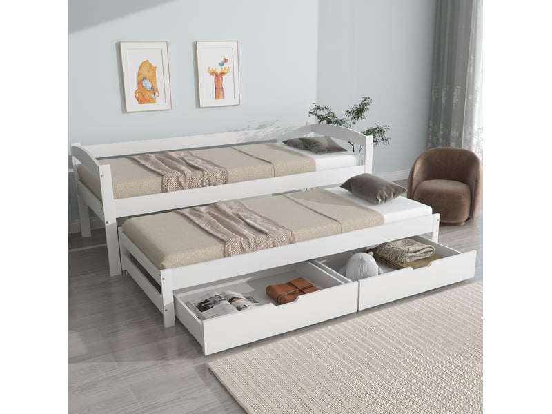 Lit gigogne 90x200 cm avec lit roulant 90x190 cm, 2 tiroirs en bois, blanc - Conforama D