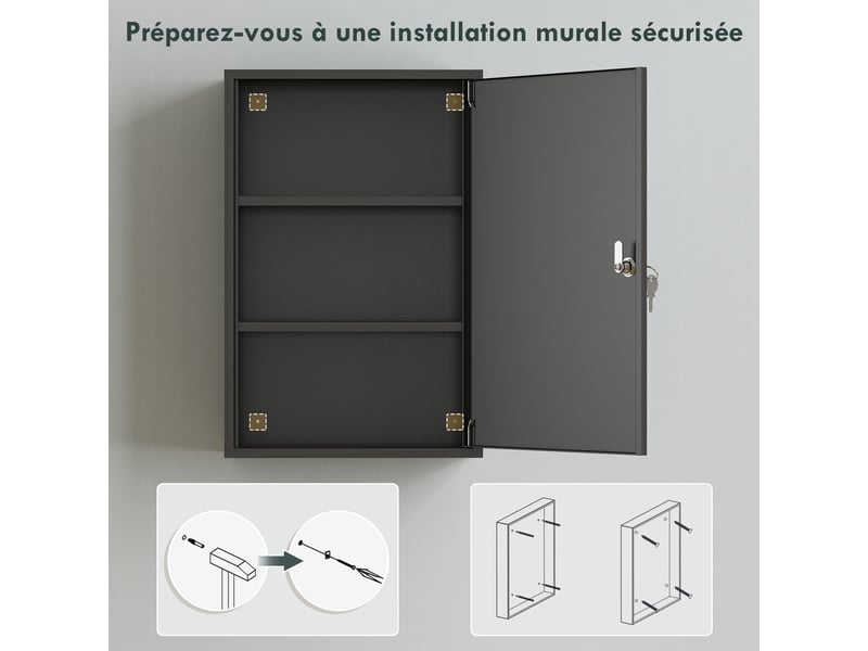  Armoire à pharmacie 2 étagères 3 niveaux verrouillable, dim. 40l x 18l x 60h cm, 2 clés, métal, noir  - Conforama R