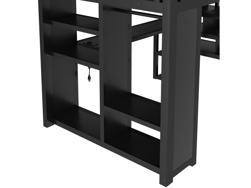  Lit mezzanine gaming 140x200 cm avec bureau, escalier de rangement, penderie ouverte, led multicolore via bluetooth, usb, garde-corps, métal noir Radiant Stride - Conforama E