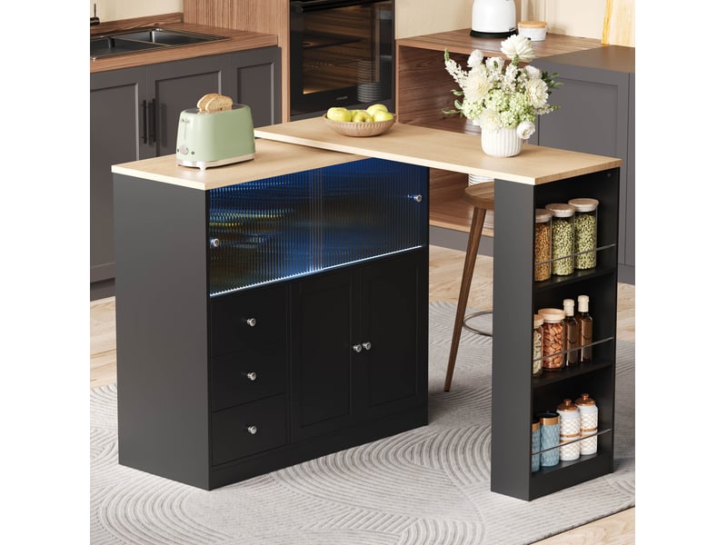 Îlot de cuisine 172x40x96 cm extensible avec rangement et led noir et bois naturel - Conforama D