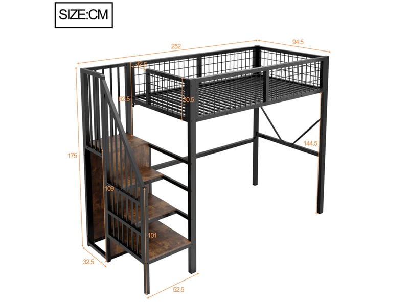 Lit mezzanine 90x200 cm en métal avec échelle de rangement et led, coloris noir  - Conforama C