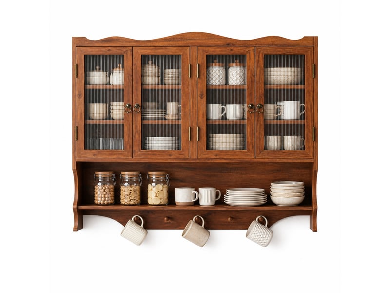  Armoire murale 4 portes avec étagères amovibles et crochets, pour cuisine, bois et verre marron, 100 × 20 × 80 cm  - Conforama A
