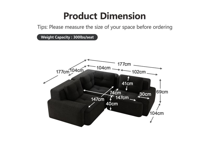  Canapé d'angle modulaire sans armature avec assise profonde et dossier enveloppant en velours côtelé noir  - Conforama E