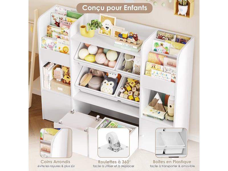  Meuble rangement enfant bibliothèque enfant boîtes amovibles blanc  - Conforama D