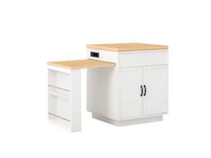 Table de cuisine éclairage led îlot de sur roulettes prises électriques intégrées usage buffet usage meuble d'appoint table de bar finition blanche