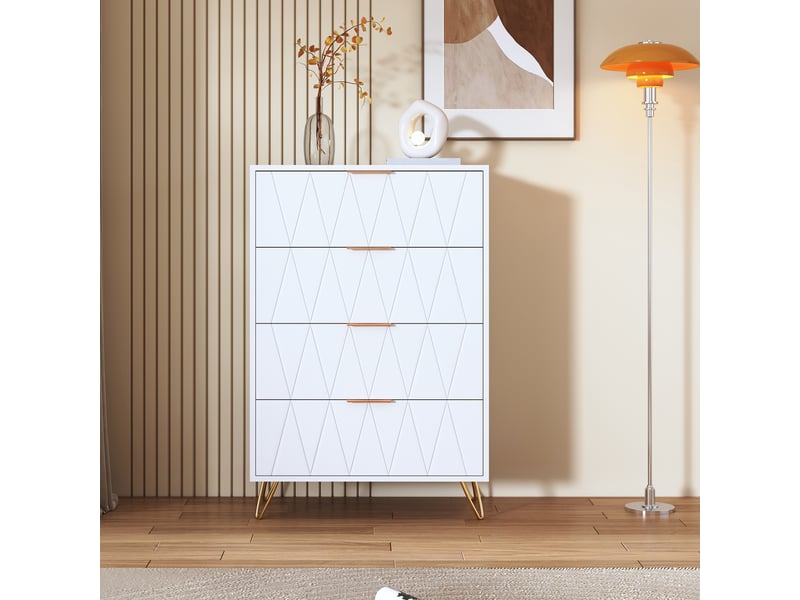 Commode chambre bois 60x34x90 cm, 4 tiroirs, meuble de rangement, anti-basculement, pieds en métal, style moderne luxe léger, blanc - Conforama D