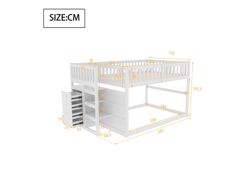  Lit superposé bas 140x200 cm, lit enfant en bois blanc avec escalier sécurisé, 4 tiroirs de rangement et barrière haute.  - Conforama R