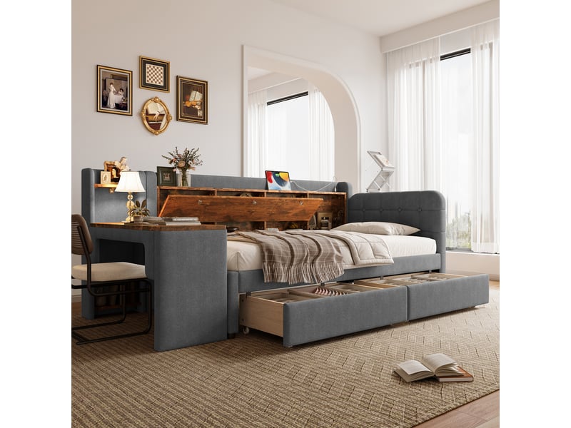 Lit coffre 90x200 cm avec bureau, 2 tiroirs, usb et usb-c, tissu lin gris, sans matelas - Conforama R
