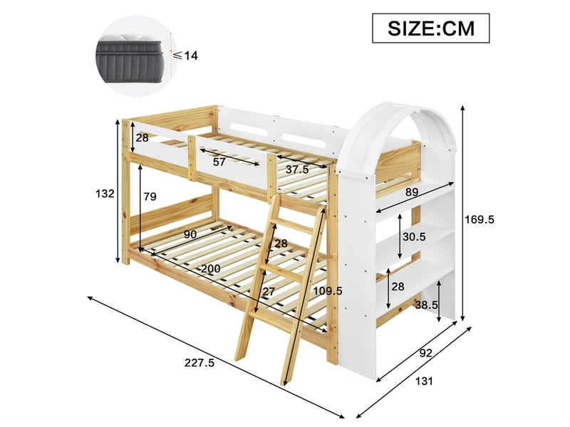  Modenvie lit superposé enfant 90x200 cm - avec étagère 3 niveaux et échelle 3 marches, sans matelas - blanc et naturel  - Conforama C