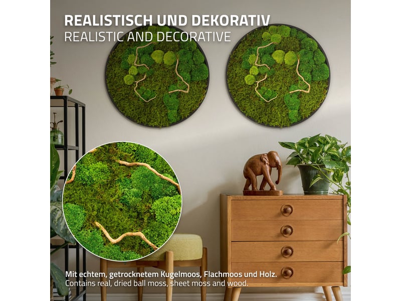 Ecd germany tableau végétal mural, mélange de mousses stabilisées et de branches, cadre en mdf rond ø 60 cm, vert, décoration d'intérieur véritable effet 3d, sans arrosage ni entretien, pièce unique ECD Germany GmbH - Conforama C