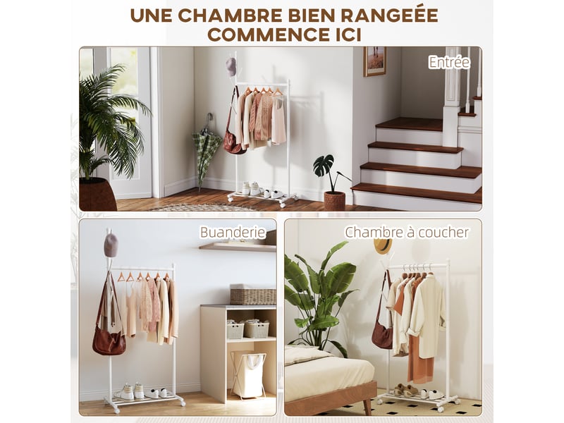  Portant à vêtements, porte-manteau sur roulettes avec étagère à chaussures et 5 crochets, blanc, 68 x 43 x 171 cm  - Conforama R