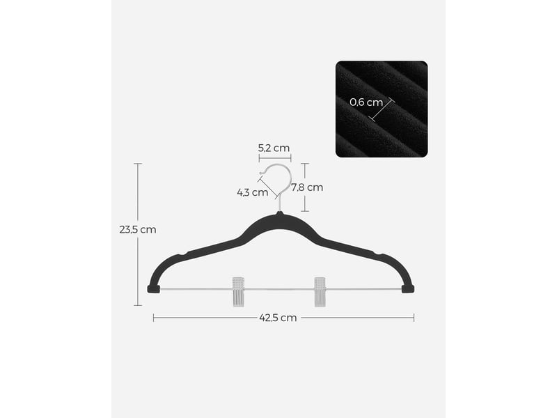  Lot de 12 cintres en velours porte-pantalons longueur 425 cm pinces amovibles antiglisse gain de place modèle adulte pour costumes manteaux haut à bretelles noir 12_0006176  - Conforama E